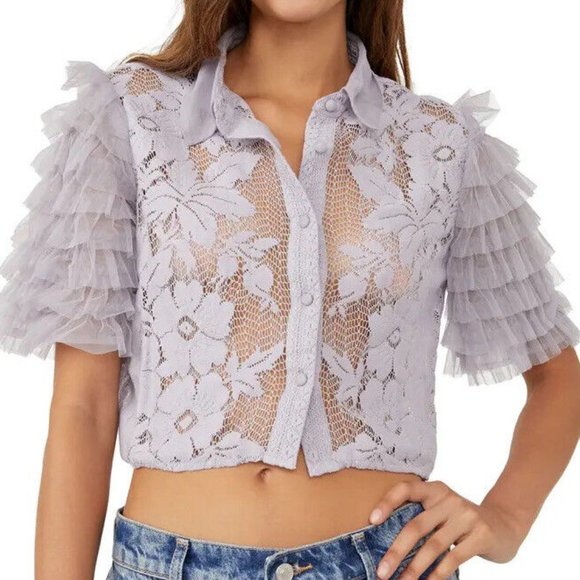 Free People Madonna Cropped Lace Blouse Ruffle Sleeves Top Small $98 - Picture 1 of 7